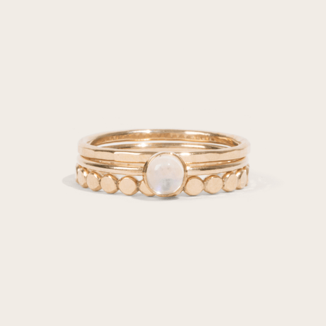 Ring Stack: Moonstone, Hammered Beaded & Thin Hammered - Laurel Elaine Jewelry