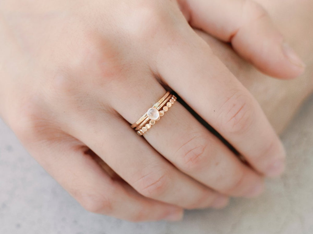 PREORDER | Ring Stack: Moonstone, Hammered Beaded & Thin Hammered - Laurel Elaine Jewelry