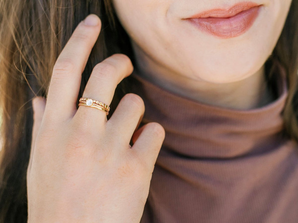 PREORDER | Ring Stack: Moonstone, Hammered Beaded & Thin Hammered - Laurel Elaine Jewelry