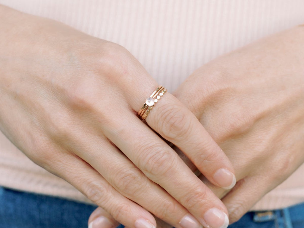 PREORDER | Ring Stack: Moonstone, Hammered Beaded & Thin Hammered - Laurel Elaine Jewelry
