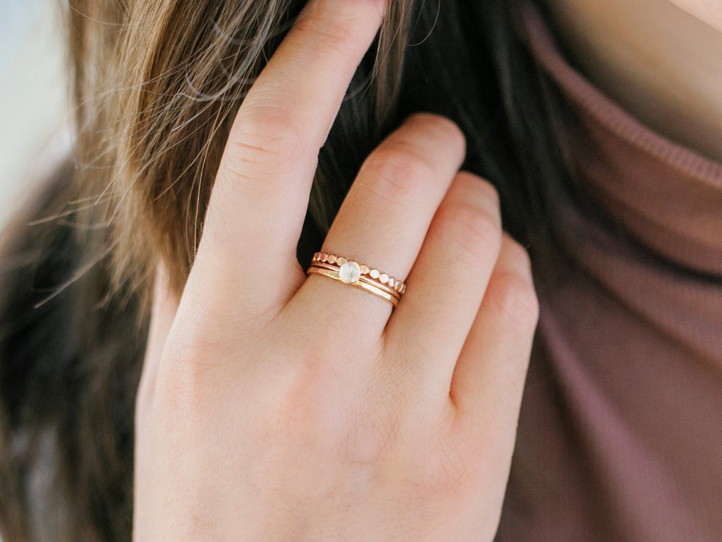 PREORDER | Ring Stack: Moonstone, Hammered Beaded & Thin Hammered - Laurel Elaine Jewelry