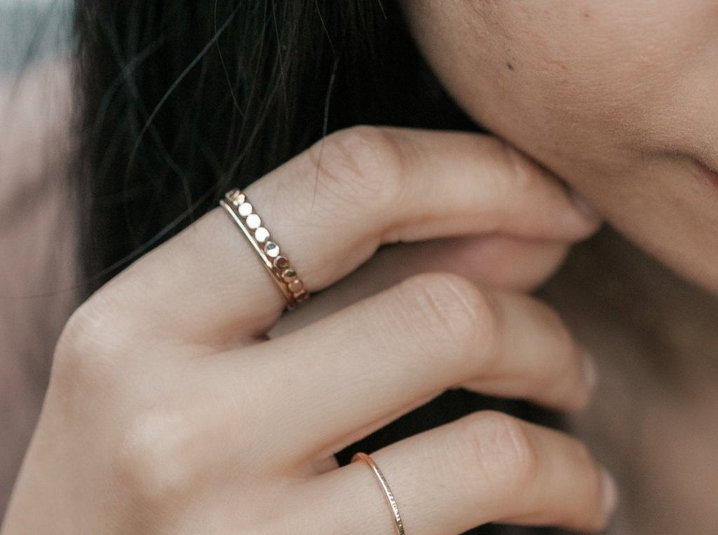 Ring Stack: Thick Hammered Beaded & Thin Smooth - Laurel Elaine Jewelry
