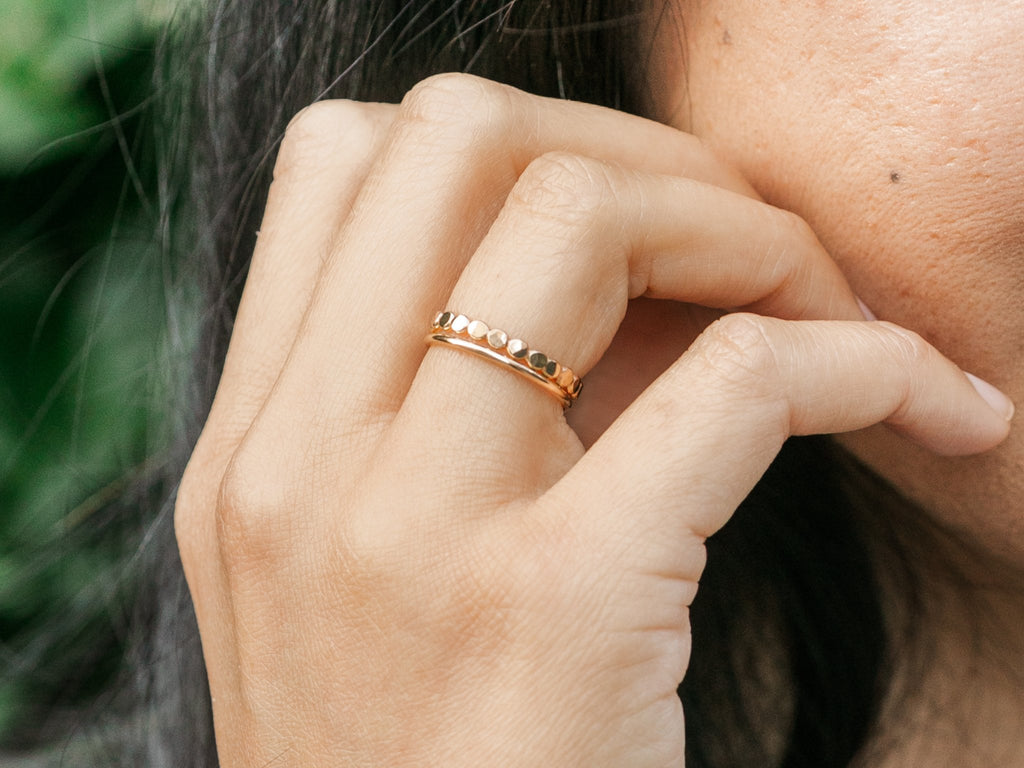 Ring Stack: Thick Hammered Beaded & Thin Smooth - Laurel Elaine Jewelry