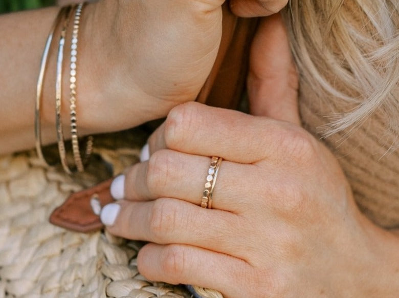 Ring Stack: Thick Hammered Beaded & Thin Smooth - Laurel Elaine Jewelry
