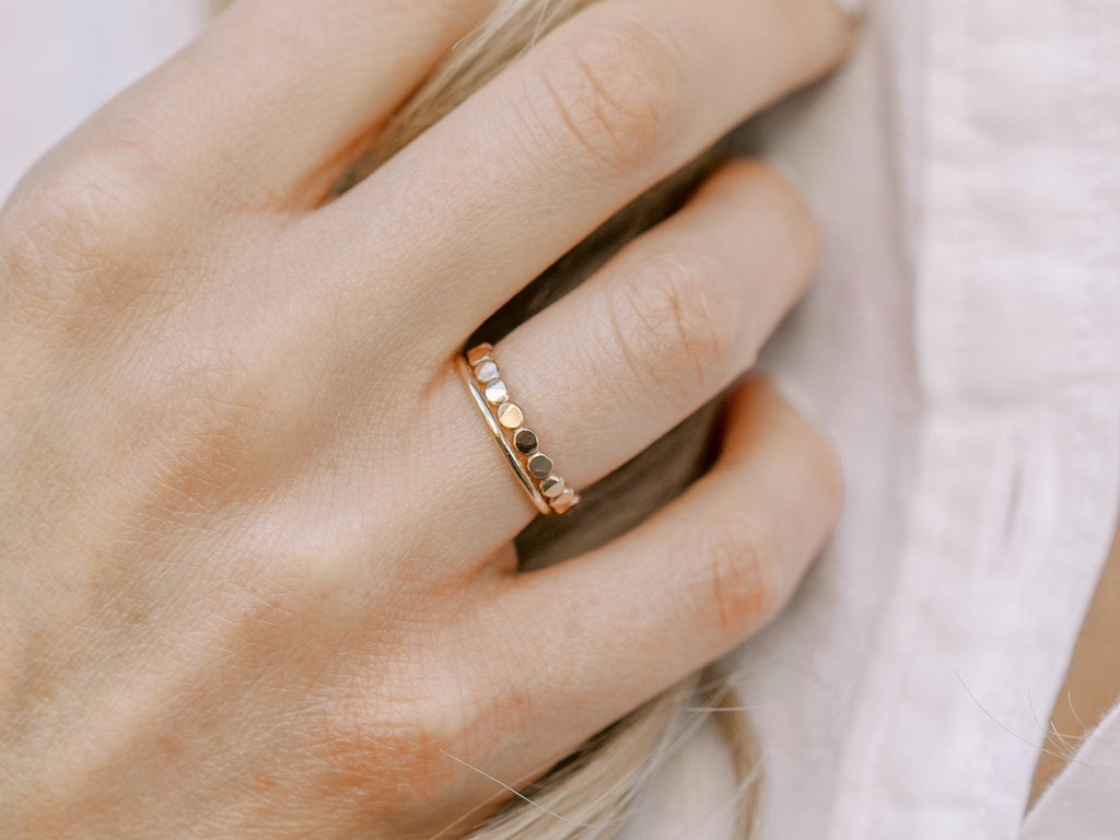 Ring Stack: Thick Hammered Beaded & Thin Smooth - Laurel Elaine Jewelry
