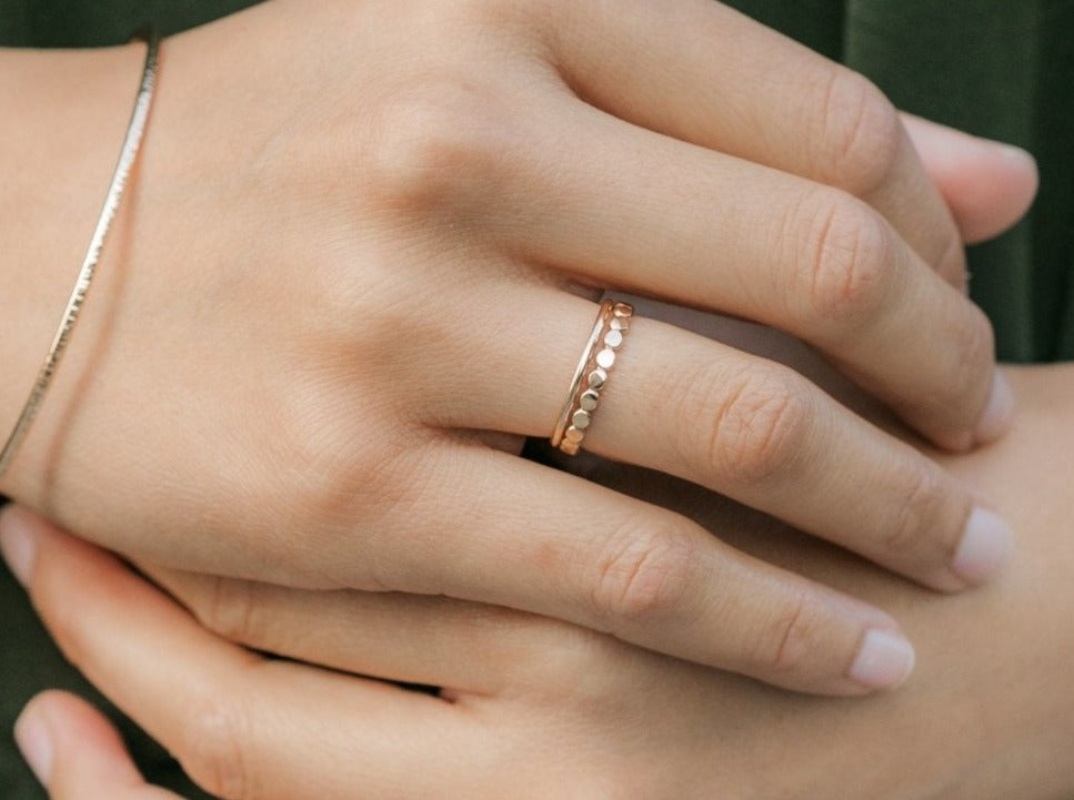 Ring Stack: Thick Hammered Beaded & Thin Smooth - Laurel Elaine Jewelry