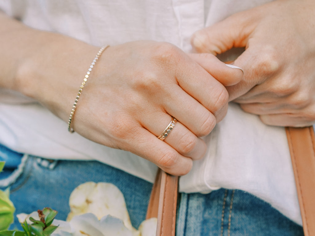 Ring Stack: Thick Hammered Beaded & Thin Smooth - Laurel Elaine Jewelry