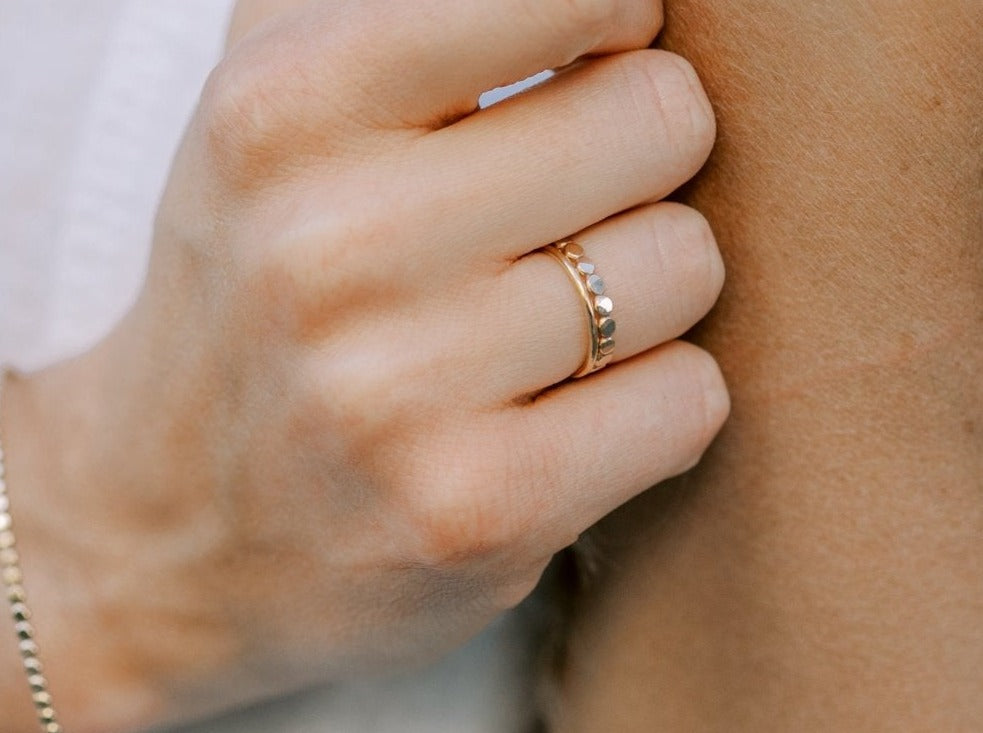 Ring Stack: Thick Hammered Beaded & Thin Smooth - Laurel Elaine Jewelry